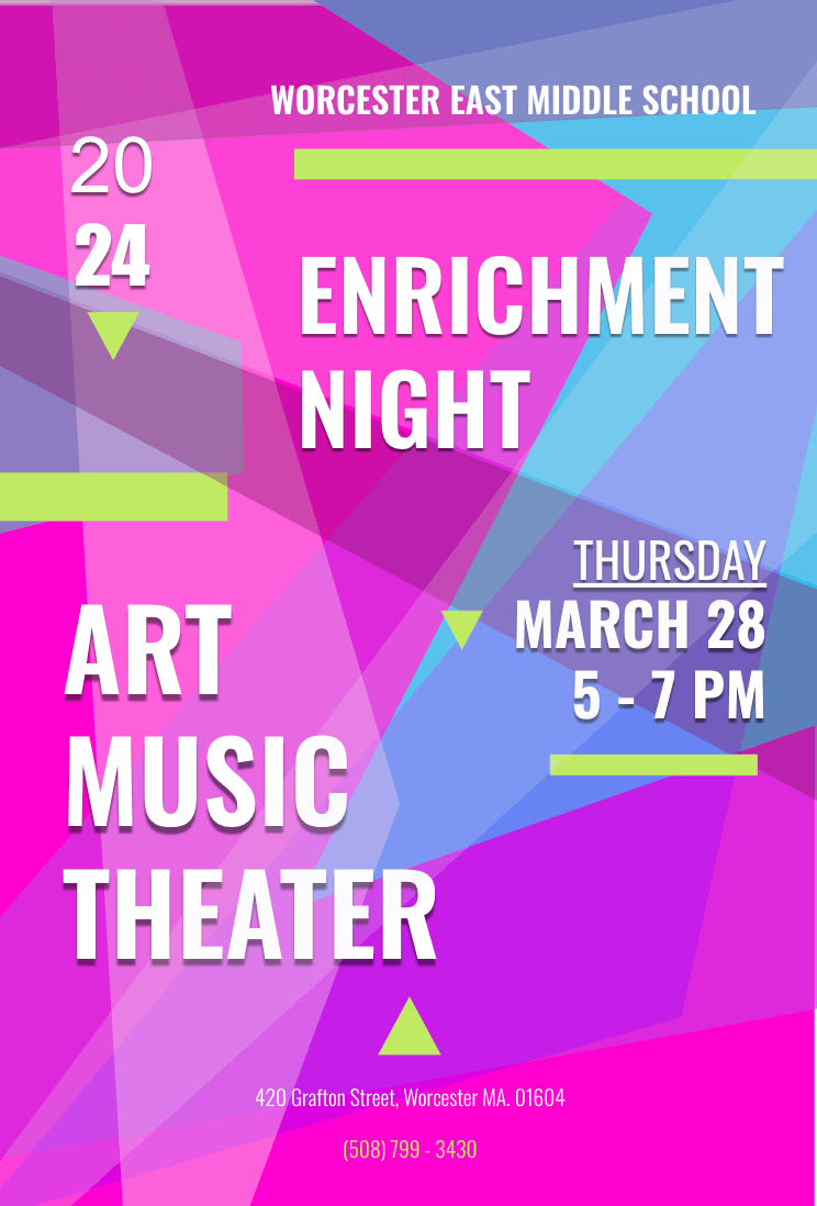 A flyer that reads "Enrinchment Night, Thursday, March 28 5 PM to 7 PM"